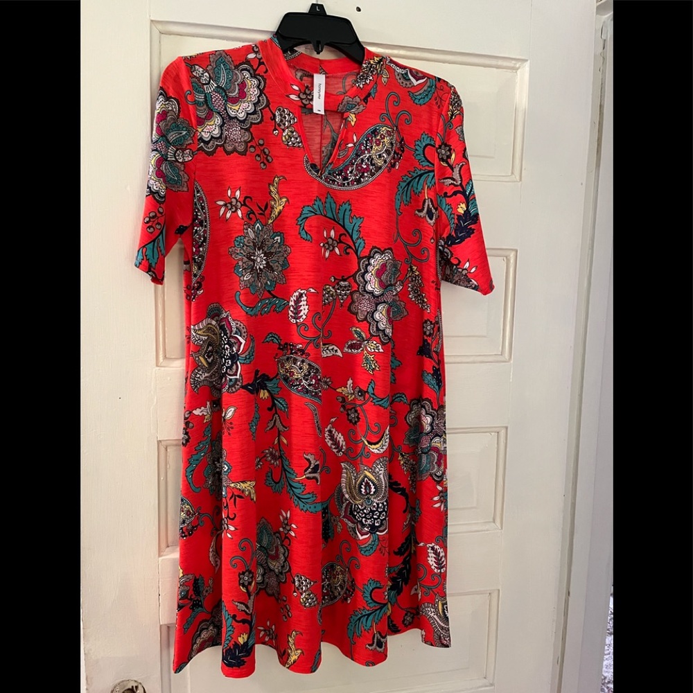Boutique Size Medium Mandarin Collar dress with keyhole opening. Above the knee
